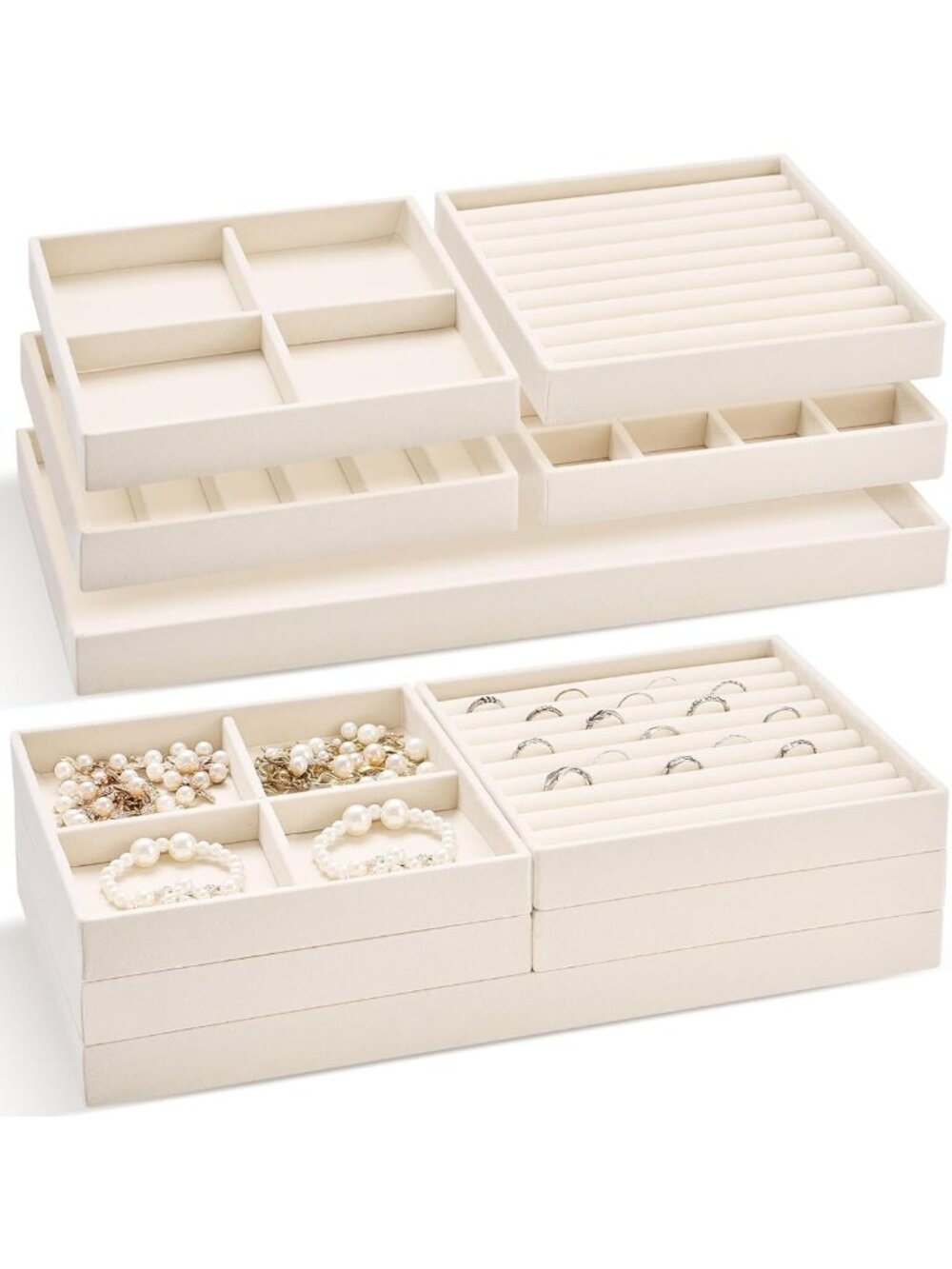 Stackable Jewelry Organizer Tray Set of 10 for Drawer - Beige Storage Solution